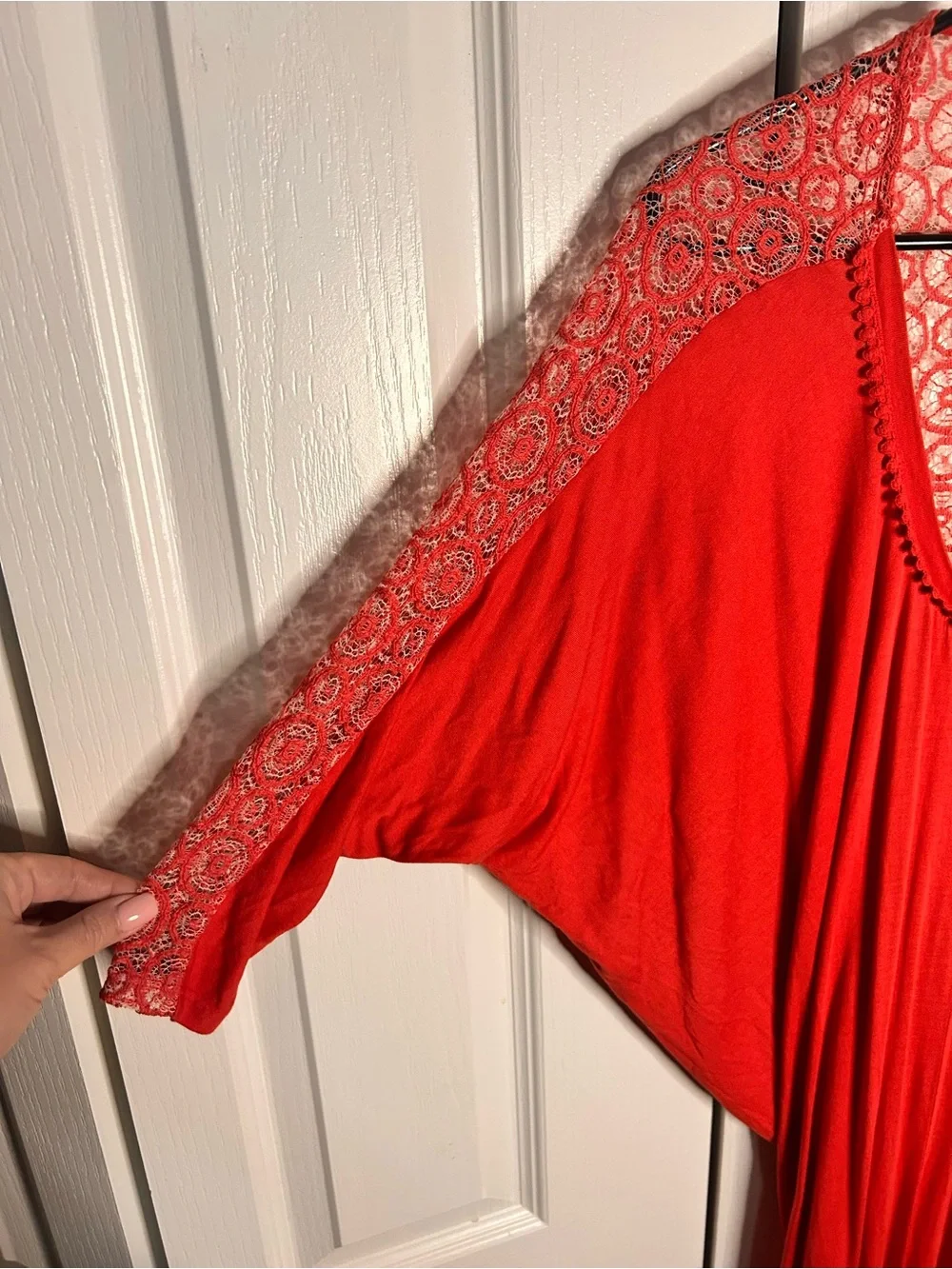 Fraiche by J Women’s S Red Lace Crotchet Sleeve Maxi Dress Elegant V-Neck NWT‎